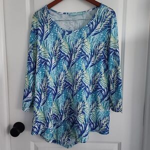 Anthony's Resort Wear Top Womens Plus Size 1X Palms Print Blue White Beach